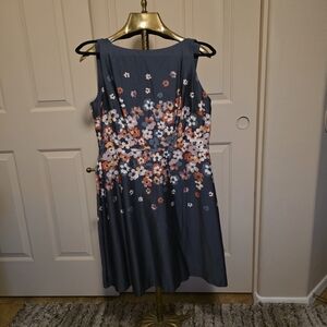 LOFT Slate Blue Sleeveless Midi Dress with Coral & White Floral